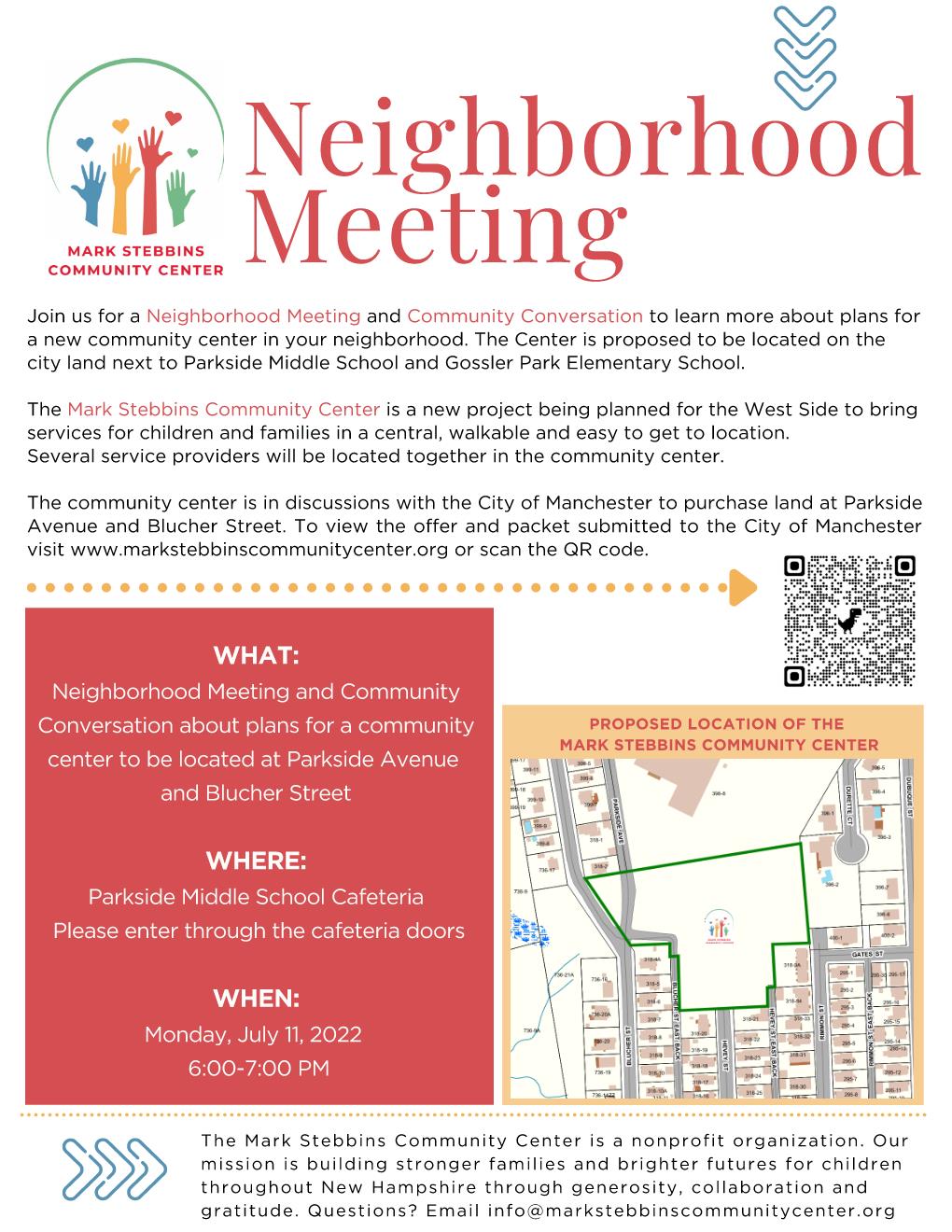 Neighborhood Meeting - 6:00pm on July 11 at Parkside Middle School