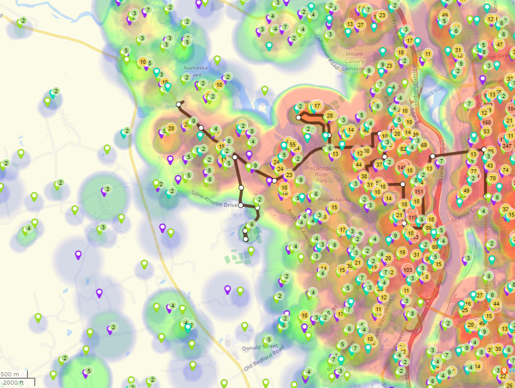 Heat Map of West Side showing Patients of Boys & Girls Club of Greater Manchester, Amoskeag Health, and the clients of The Mental Health Center of Greater Manchester